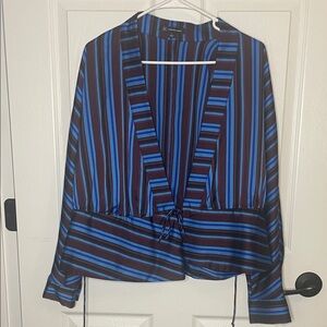 INC International Concepts Blue and Black Striped V-Neck Tie-Waist Blouse
